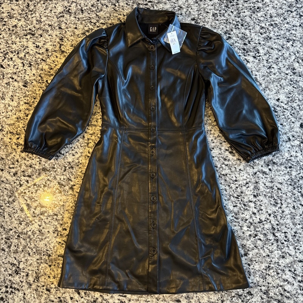 Gap Size XXS‎ Puff Sleeve Vegan Leather Mini Button Up Dress NWT $89.95 #51